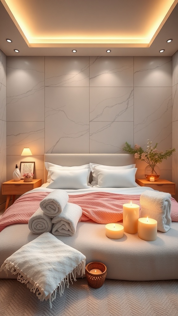 A serene bedroom featuring neatly arranged towels, soft lighting, and candles for a spa-like atmosphere.