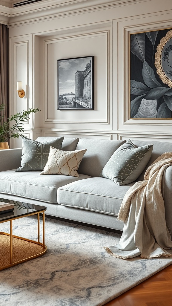 A stylish living room with a light grey couch, decorative pillows, and elegant textiles.