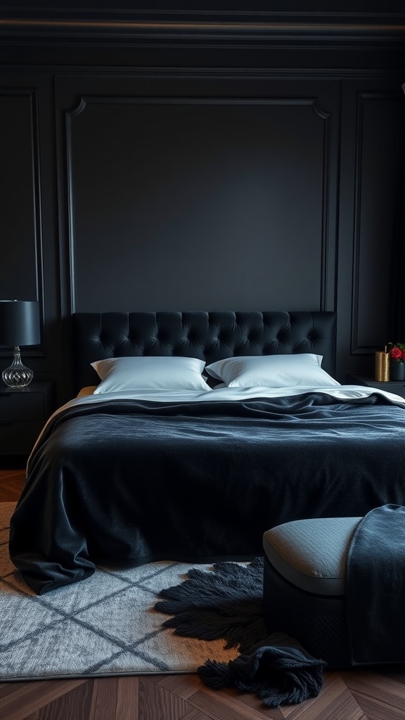 A stylish bedroom featuring a black bedframe and a luxurious velvet bedspread, creating an elegant atmosphere.