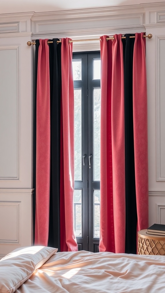 Luxurious pink and black velvet curtains hanging in a bright bedroom