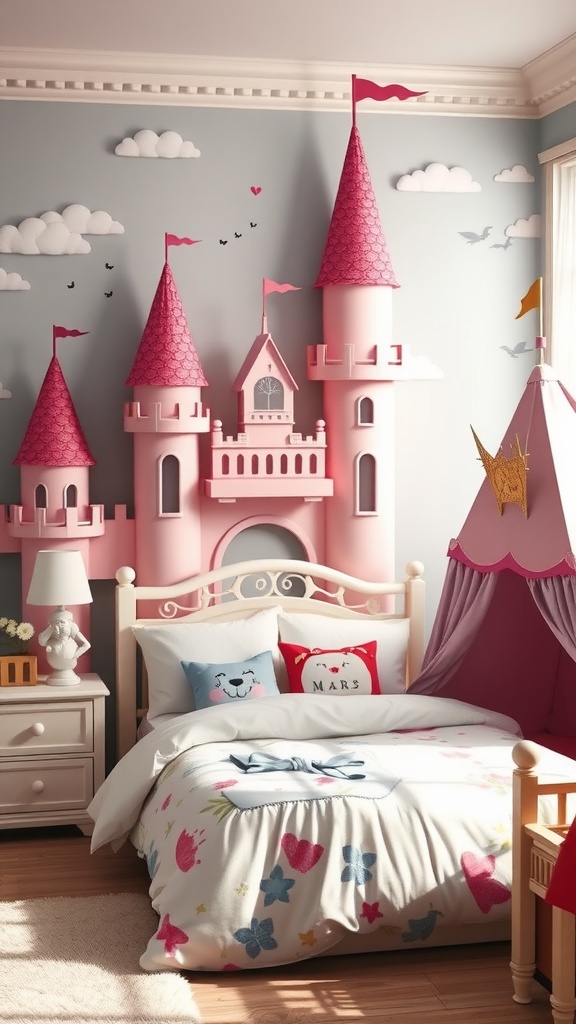 A toddler boy's bedroom with pink castle wall art, soft bedding, and a play tent, creating a magical atmosphere.