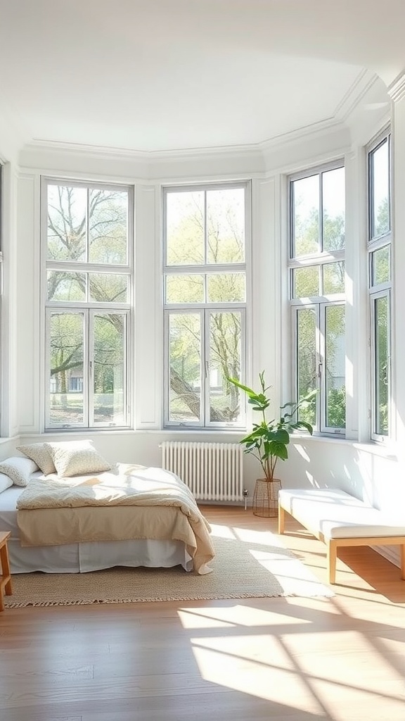 A bright bedroom with large windows and natural light