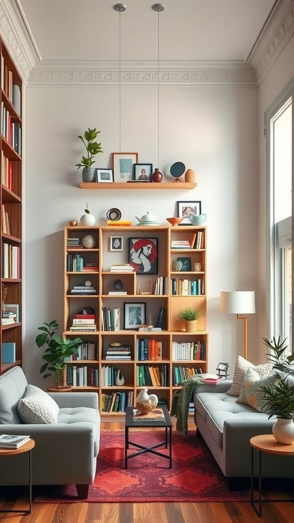 A cozy small living room featuring shelves filled with books and decorative items.