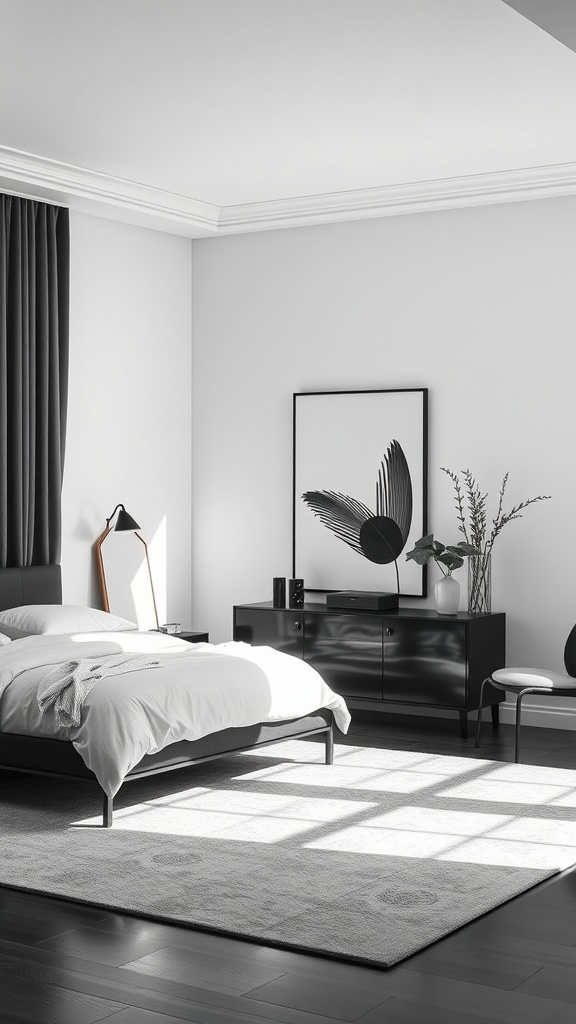 A minimalist black, white, and gray bedroom featuring a bed with white linens, dark furniture, bold wall art, and natural light.