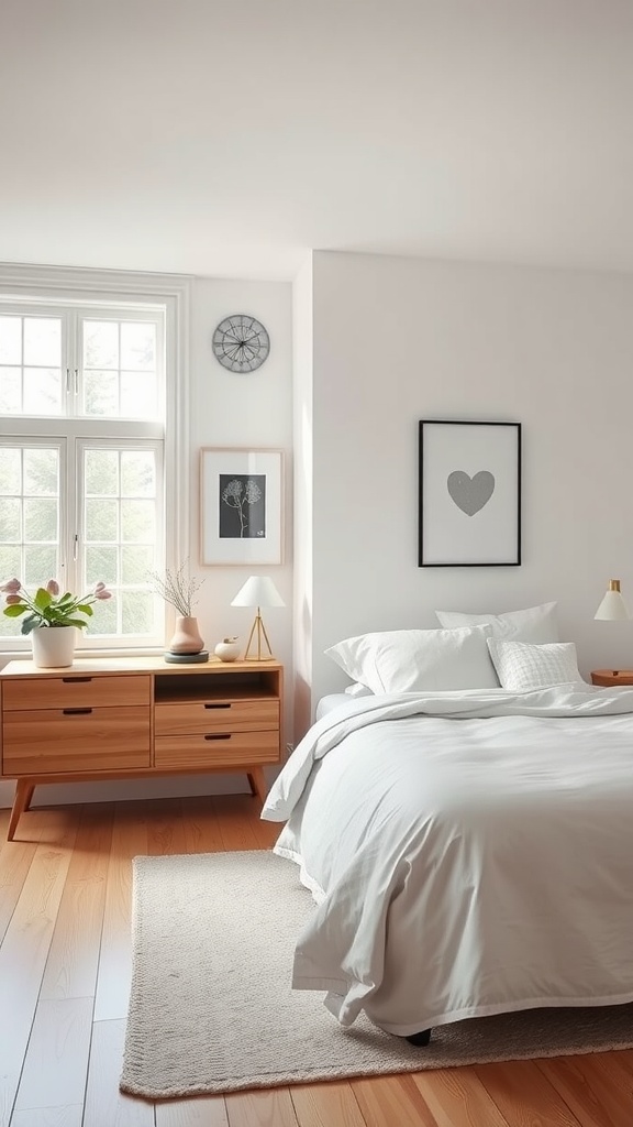 A minimalist Scandinavian bedroom featuring a wooden bed, soft bedding, and simple decor.