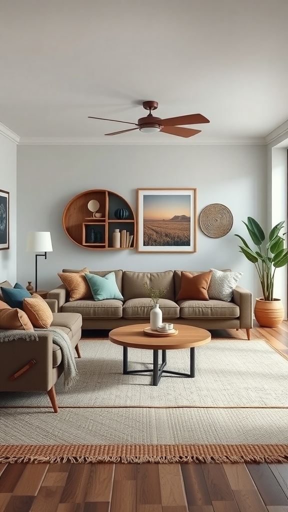 A cozy living room featuring a blend of modern and primitive decor with neutral tones, wooden furniture, and houseplants.