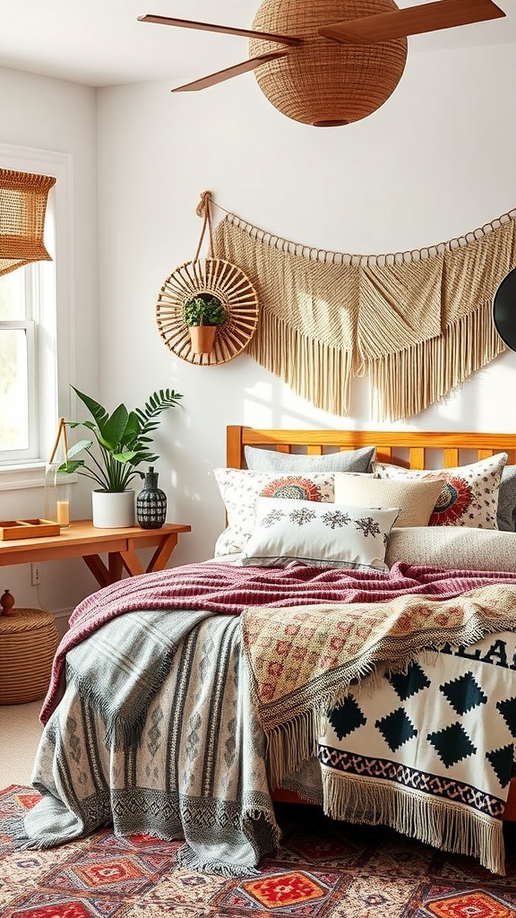 Cozy boho bedroom with mixed patterns and textures on bedding and decor