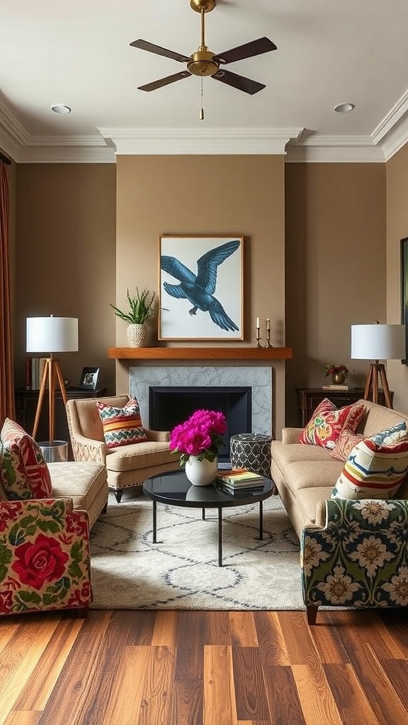 A bold living room featuring mixed patterns on chairs and colorful cushions, with a painting of a bird on the wall.