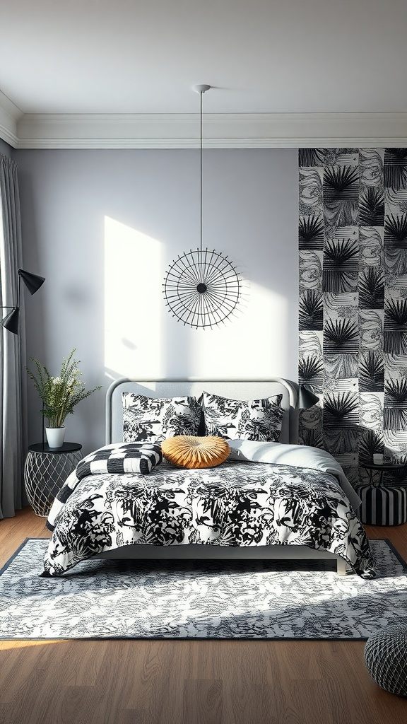 A stylish black, white, and gray bedroom featuring mixed patterns in bedding and wallpaper.