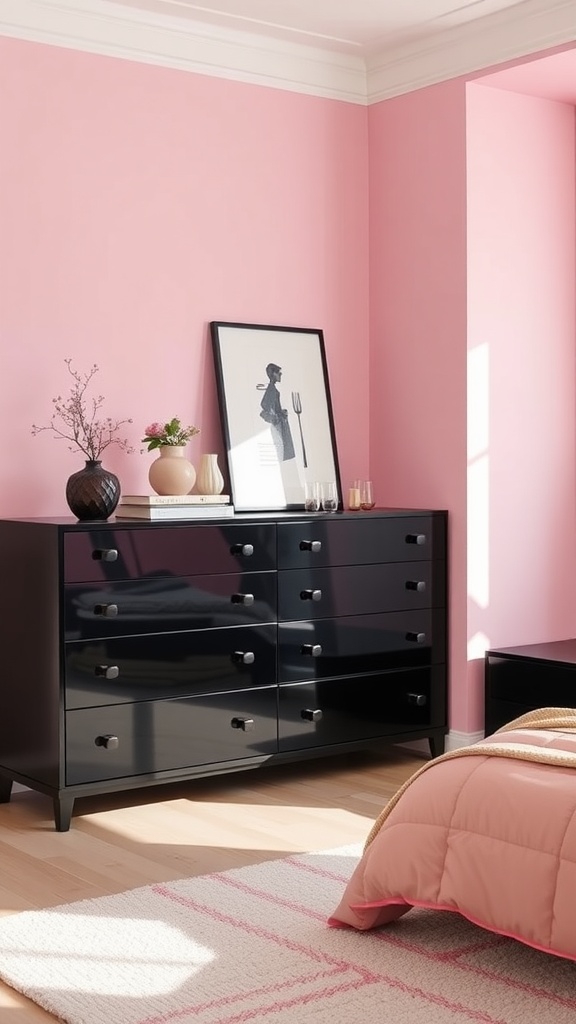 A modern black dresser in a pink bedroom, featuring a stylish arrangement of decorative items.