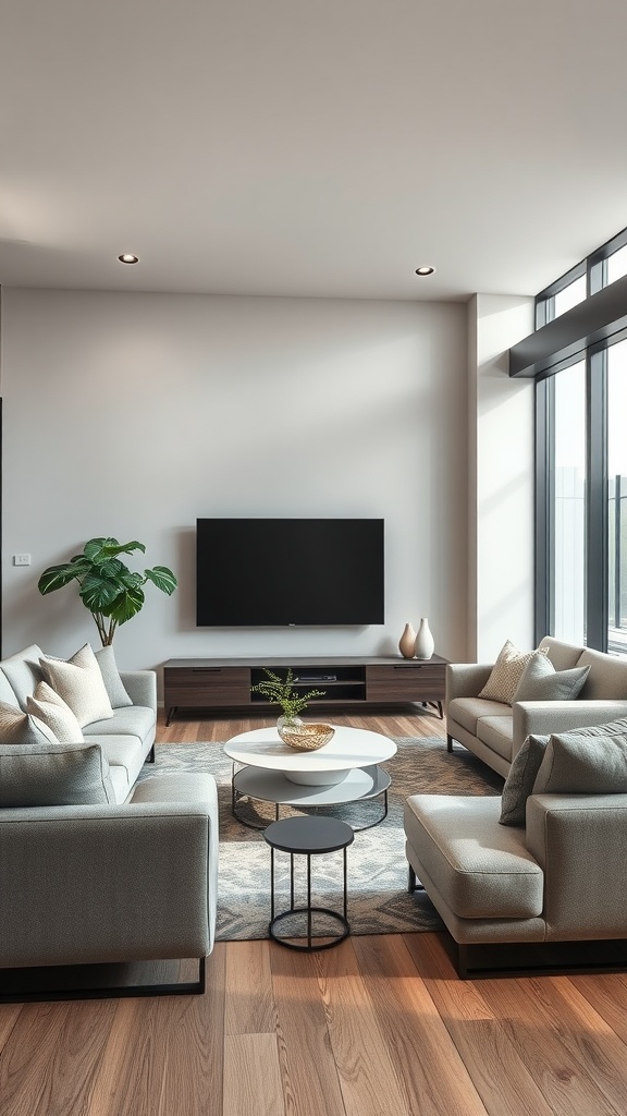 Modern living room with light grey sectional sofa, coffee table, and indoor plant, emphasizing neutral tones and stylish design.