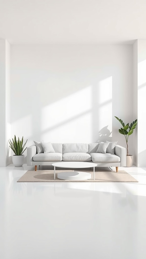 A modern living room featuring a light grey couch, round coffee table, and potted plants, showcasing a minimalist design.