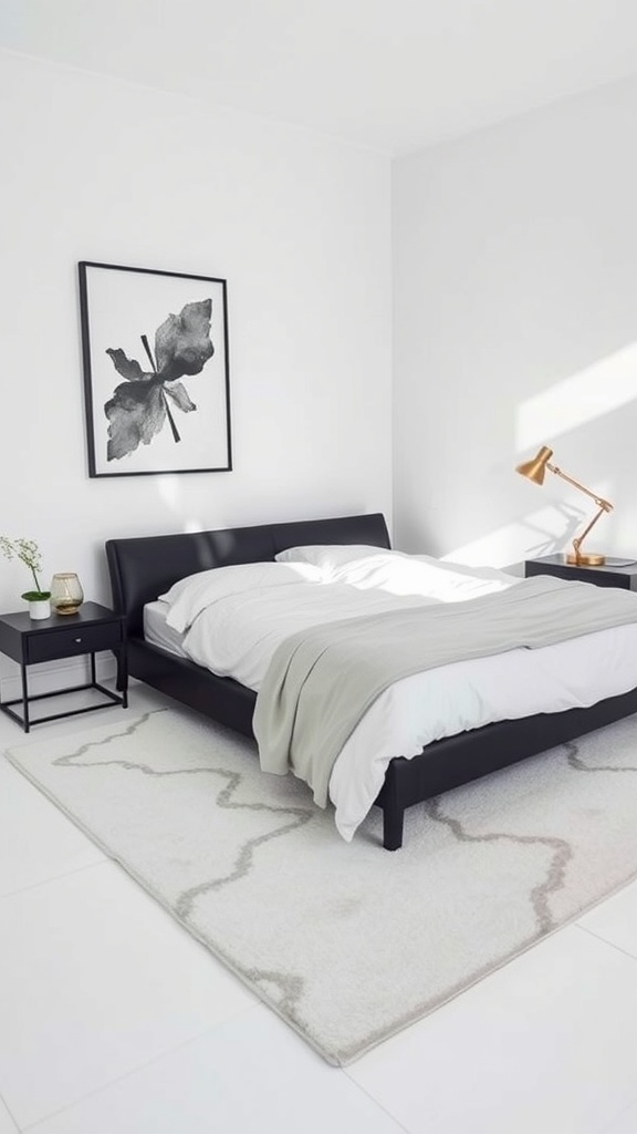 A minimalist bedroom featuring a black bedframe with white bedding, accompanied by simple wall art and natural light.