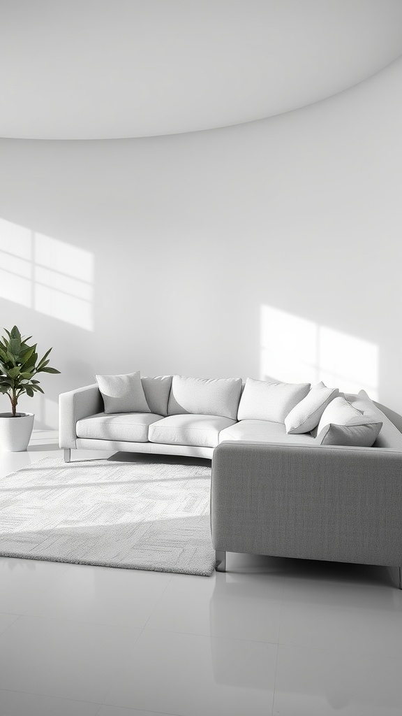 A stylish living room featuring a light grey couch, white walls, and a potted plant