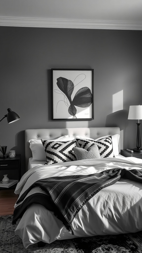 Stylish gray and black bedroom with geometric pillows and elegant artwork