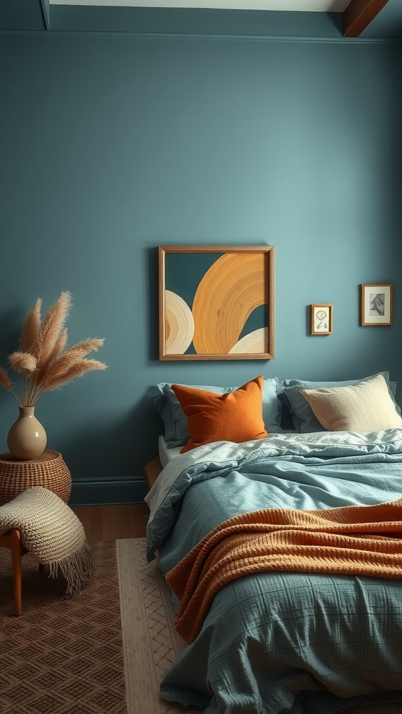 A cozy bedroom with soft blue walls, wooden furniture, and warm-toned decor.