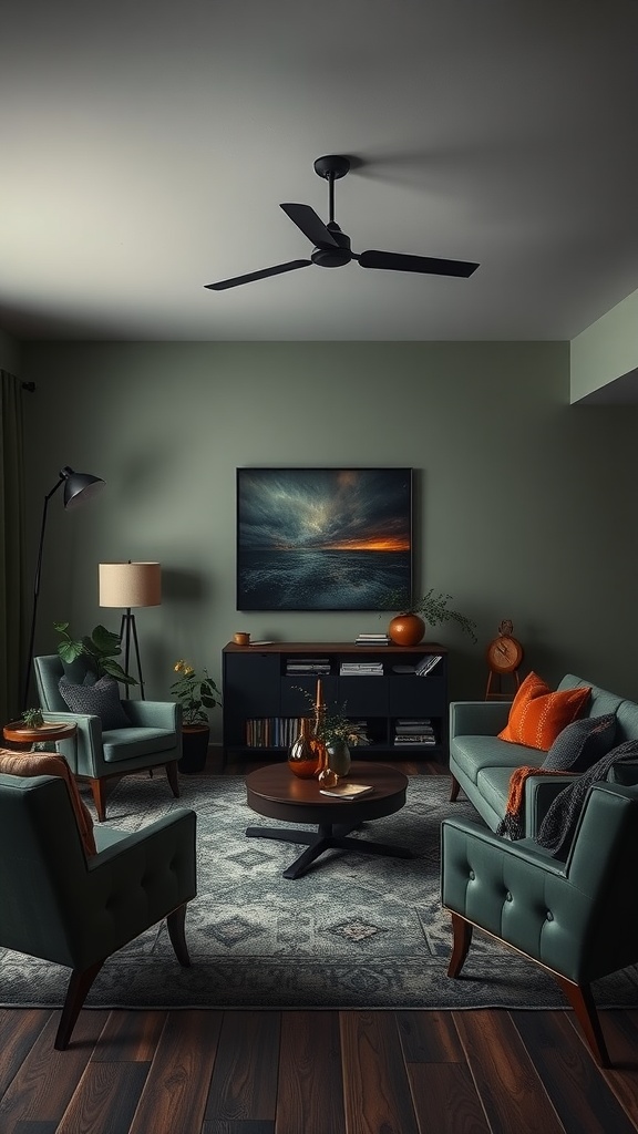 A moody living room with rich green walls, teal furniture, and warm orange accents.