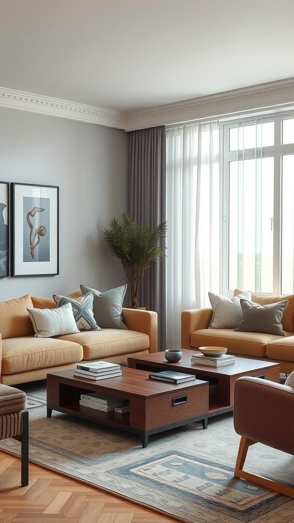 Cozy living room with multi-functional furniture including a storage coffee table and comfortable sofas.