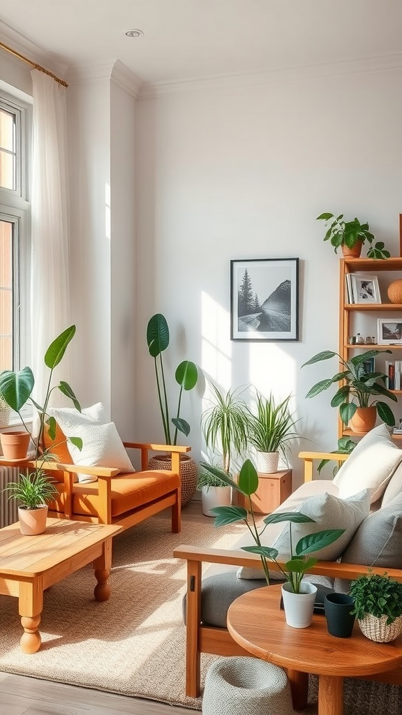 A bright living room with wooden furniture and various plants.