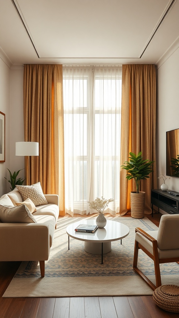 A cozy living room with natural fiber curtains, featuring light furniture and a plant.