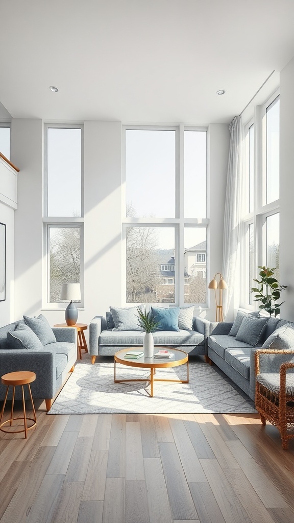 Bright living room with light grey couches and large windows