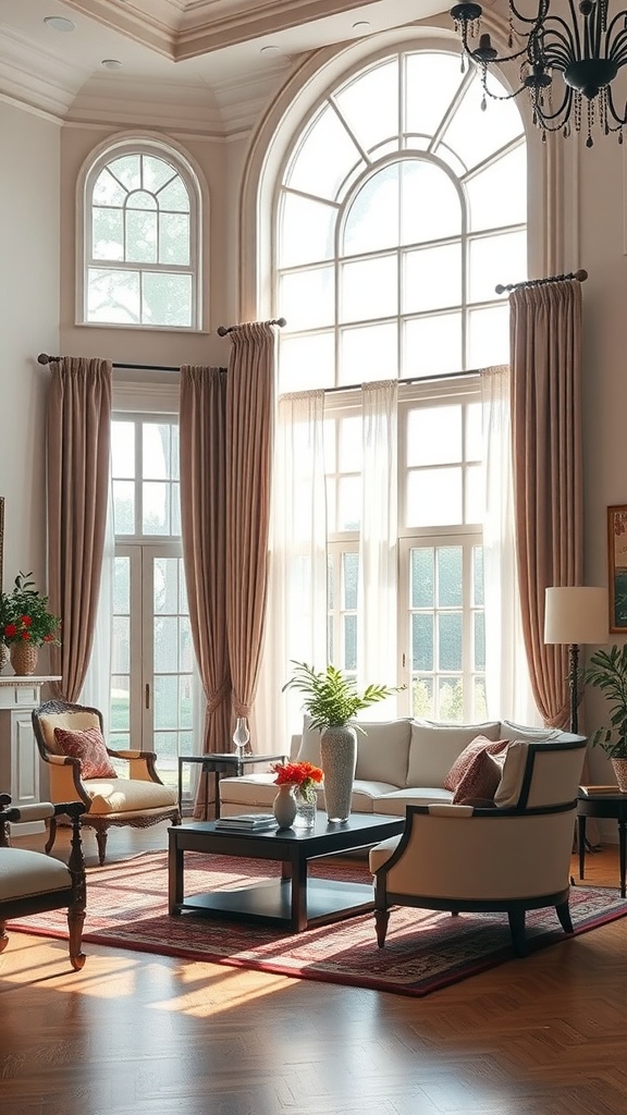 Cozy traditional living room with large windows and soft drapery, allowing natural light to fill the space.