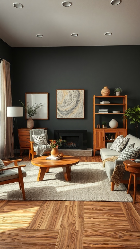 A modern living room featuring natural wood furniture and dark walls