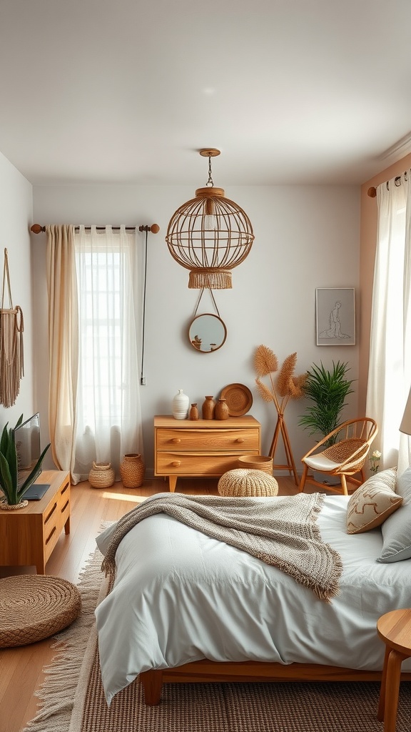 A cozy boho bedroom featuring natural wood accents, including a wooden bed frame, light fixture, and furniture.