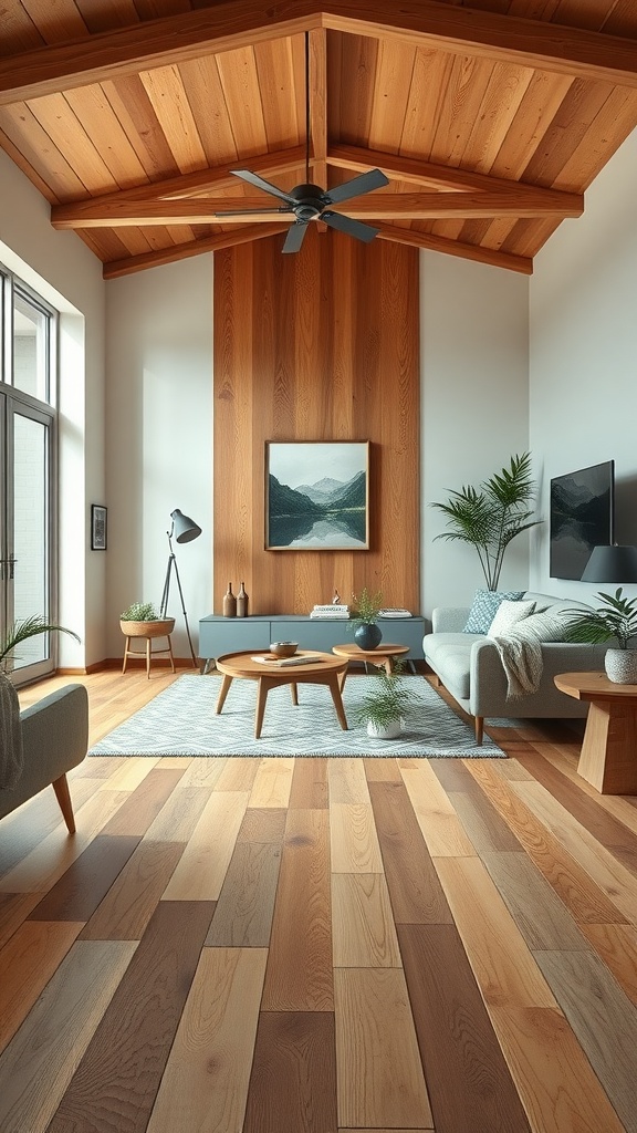 A living room with natural wood flooring, wooden ceiling beams, and modern furniture.