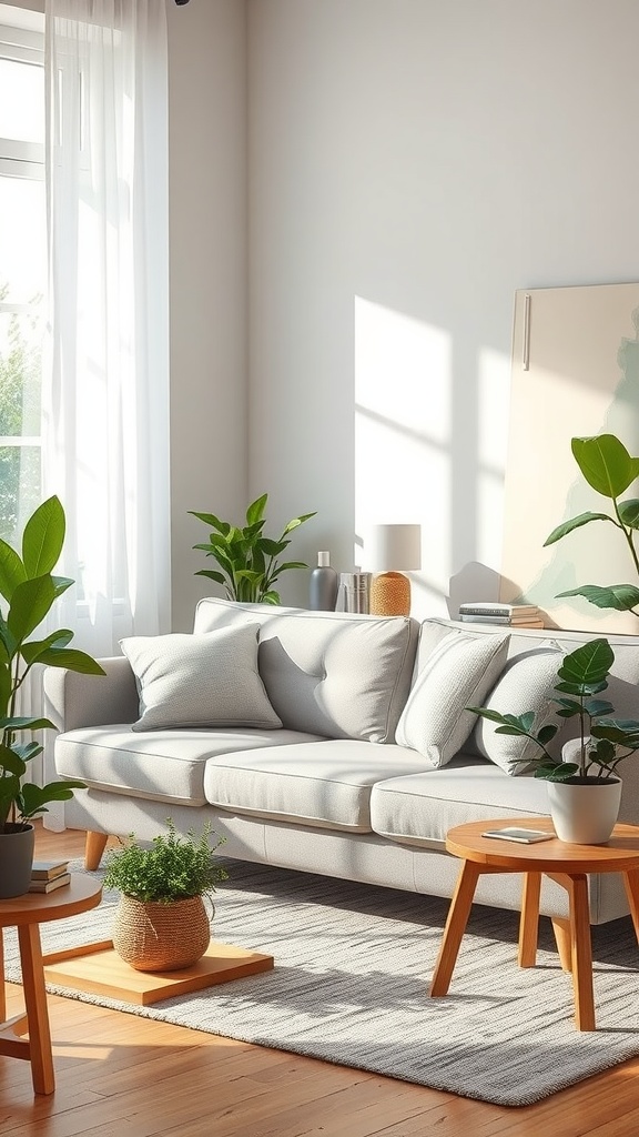 A bright living room featuring a light grey couch surrounded by plants, wooden furniture, and natural light.