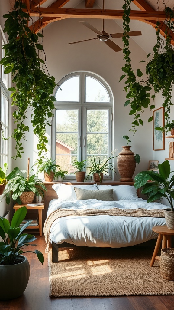 A cozy bedroom with various plants and greenery, featuring a soft bed and natural decor.