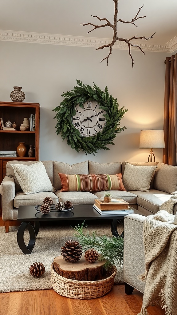 A cozy living room featuring a greenery wreath, wooden accents, and soft lighting.