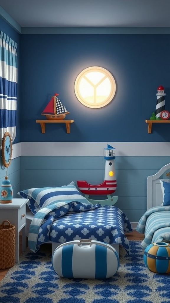 A toddler boy's bedroom decorated in a nautical theme with blue walls, striped bedding, and boat decorations.