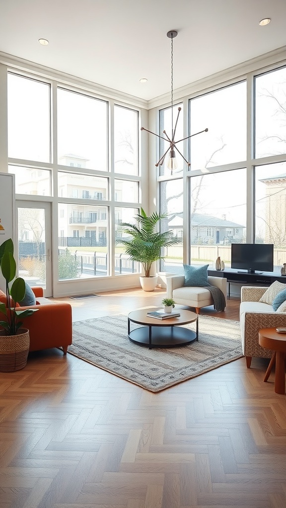 A bright and open living room with large windows, modern furniture, and greenery.