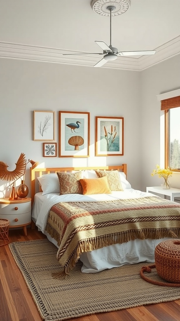 A cozy bedroom featuring a wooden bed, nature-themed artwork, and earthy tones.