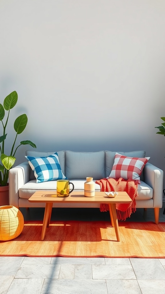 A cozy living room with a light grey couch, colorful cushions, a wooden coffee table, and plants.