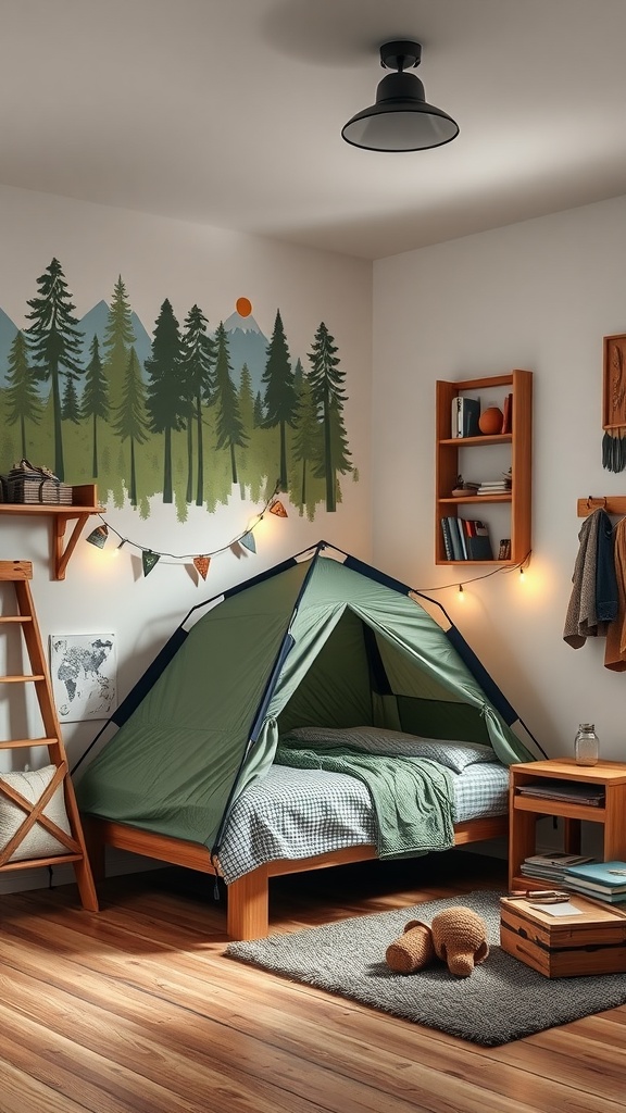 A toddler's bedroom designed as an outdoor explorer's cabin with a tent bed and nature-themed decor.