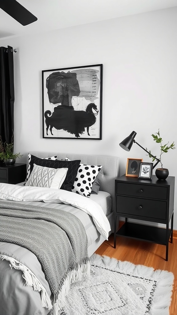 Stylish black, white, and gray bedroom with art on the walls and a cozy bed.