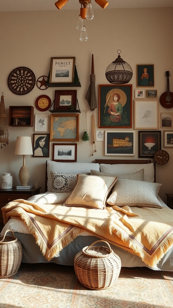 A cozy boho bedroom with a gallery wall of various framed artworks, a bed with soft bedding, and woven baskets on the floor.