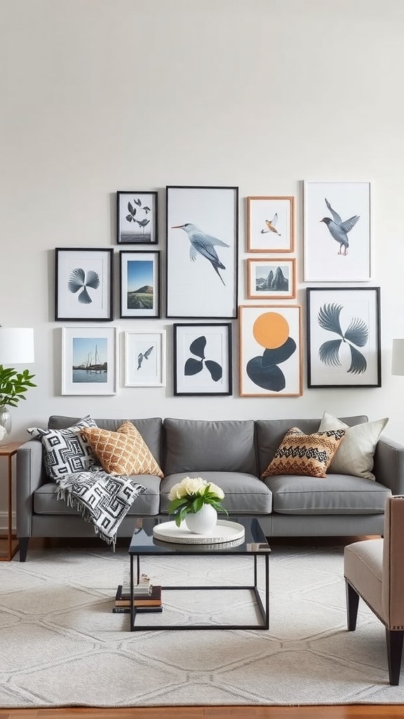 A cozy living room featuring a personalized gallery wall with various framed artworks and photographs.