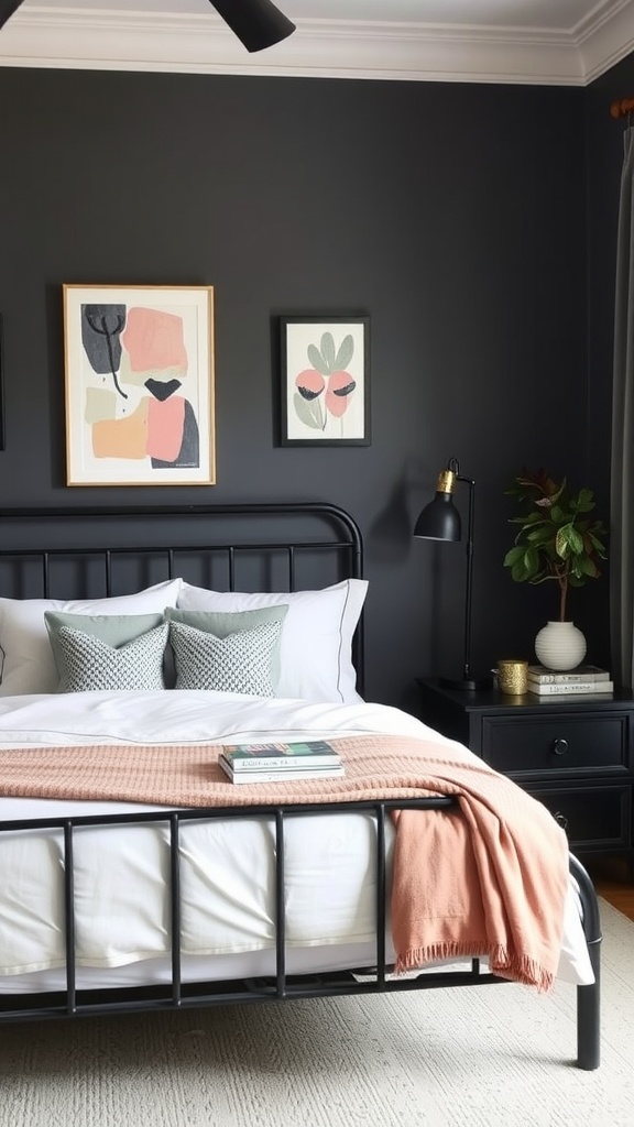 A black metal bedframe in a cozy bedroom with framed photos on the wall and a colorful rug.