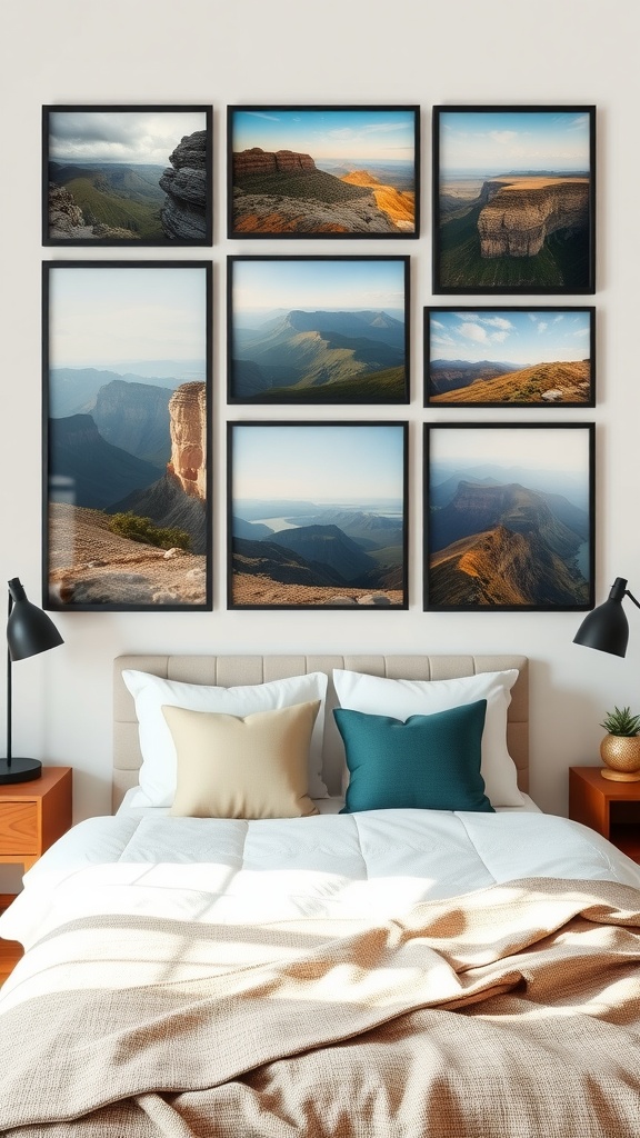 A cozy bedroom featuring a personalized wall gallery with various framed photos and artworks.