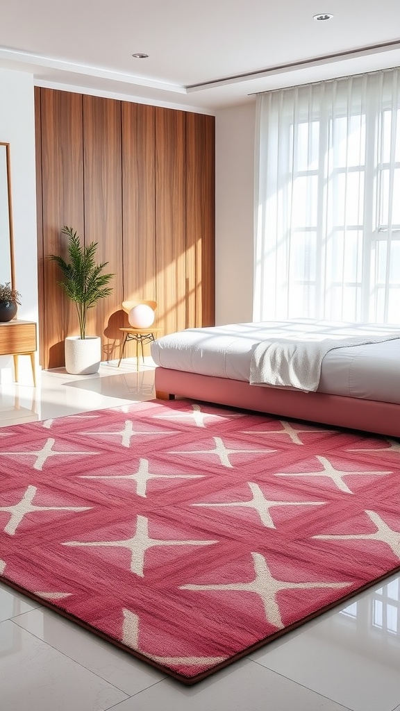 A pink geometric rug in a modern bedroom setting