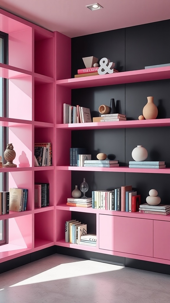 A modern pink and black shelving unit with books and decorative items.