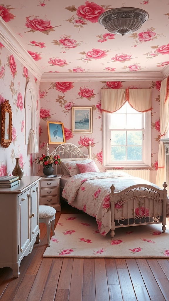 A cozy pink bedroom featuring floral patterns on the walls and bedding, with a vintage bed frame and wooden floors.