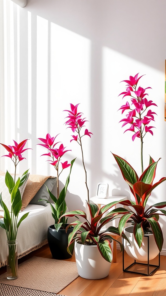 A cozy bedroom featuring pink indoor plants in various pots, bright sunlight streaming through the window.