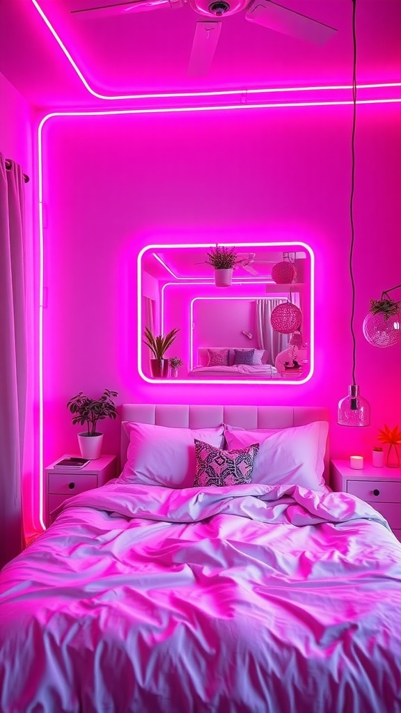 A pink-themed bedroom featuring neon lights, a cozy bed, and wooden furniture.