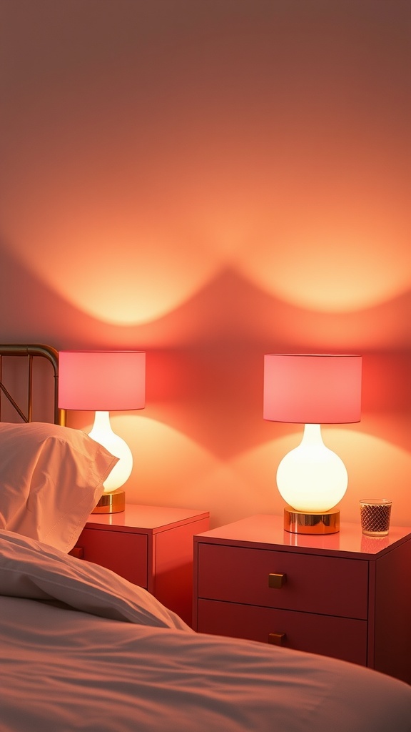 Two pink table lamps on bedside tables in a cozy bedroom setting