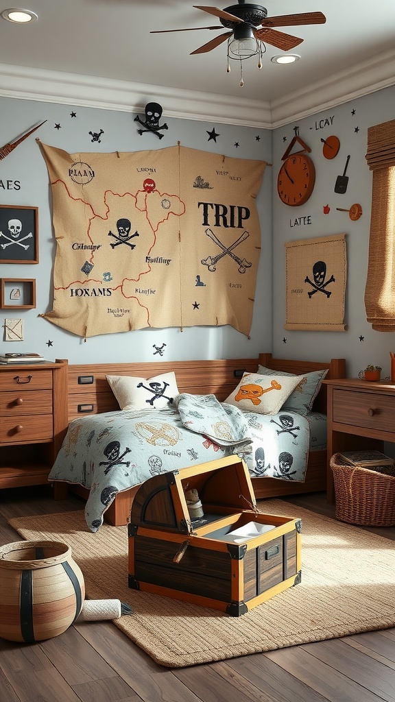 Pirate themed bedroom for a toddler with maps, treasure chest, and skull decorations.