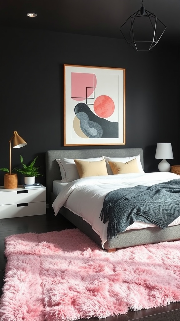 A stylish bedroom featuring playful pink area rugs, dark walls, and modern decor.